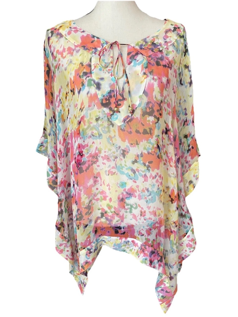 Kensie 100% Silk Kimono Handkerchief Hem Fairy Sheer Oversized Boho Blouse M/L